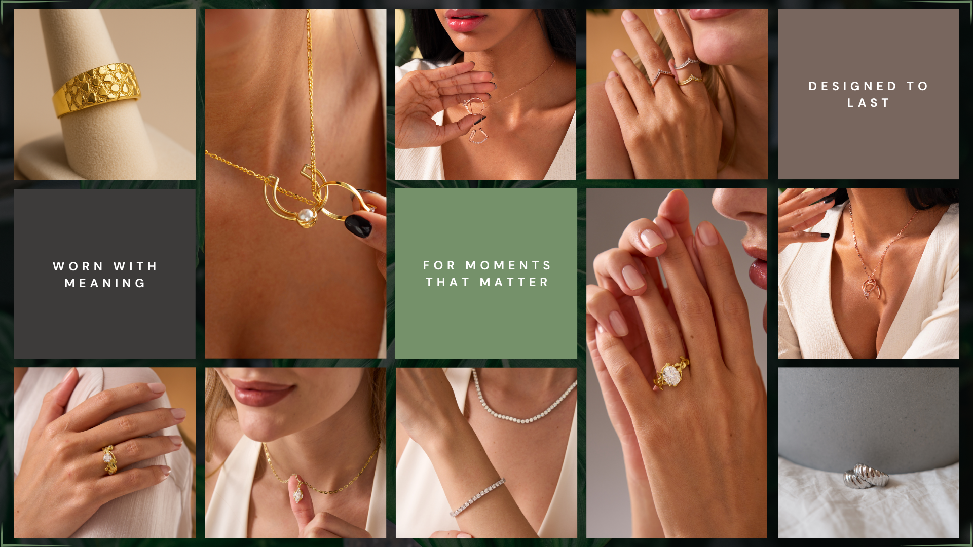 Collage of jewelry images with text 'Worn with Meaning' and 'For Moments That Matter'.