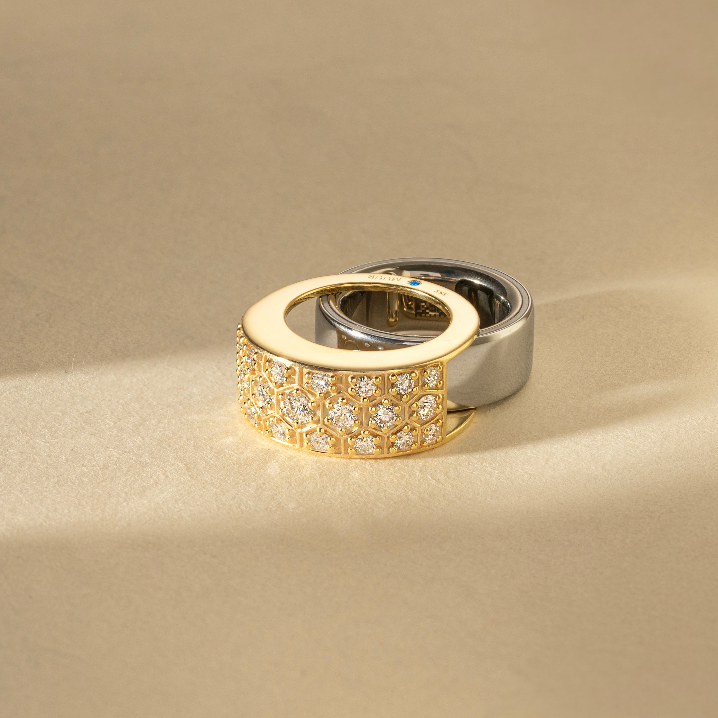 Muur Atelier Solid Gold - The Luminous Honeycomb - Solid 14K Gold & Brilliant Lab-Grown Diamonds. Crafted for Oura Ring